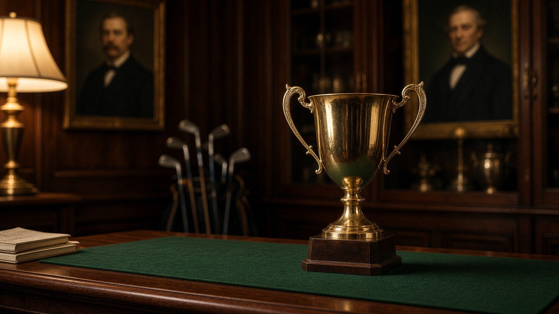 Gold club championship cup on mahogany