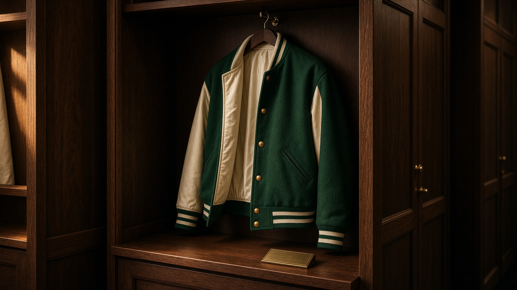 The green jacket hanging in a walnut locker